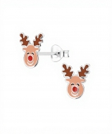 Pendientes reno marr�n con nariz roja en Plata 925 � 8x10 mm