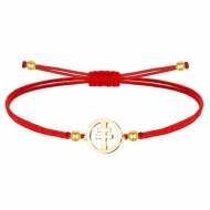 Pulsera polister nylon rojo con Cruz Caravaca, Acero Dorado