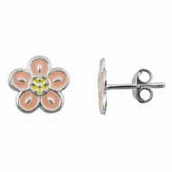 Pendientes flor color melocot�n en Plata 925 � 8 mm