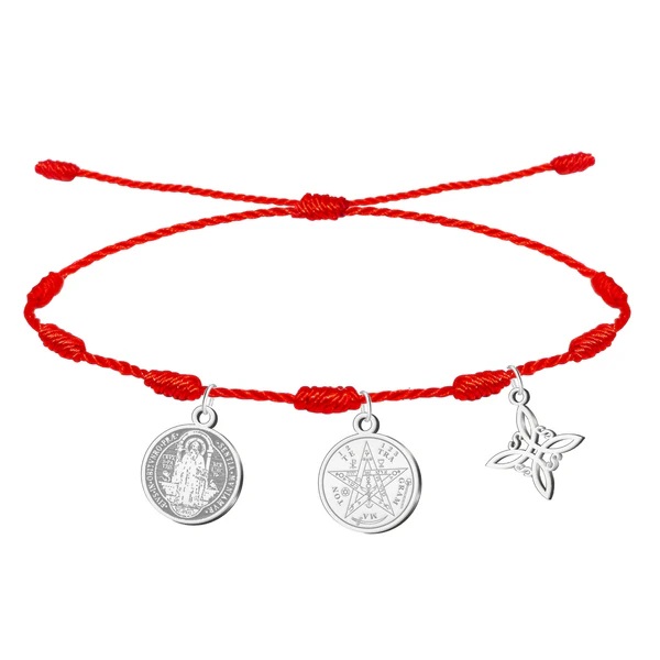 Pulsera 7 nudos con Nudo de Bruja, Tetragramatón y San Benito Plateado Acero Inoxidable