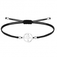 Pulsera polister nylon negro con Cruz Caravaca, Acero Plateado