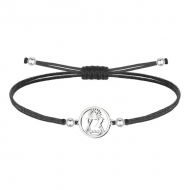 Pulsera polister encerado negro, silueta Virgen de Candelaria, Acero plateado