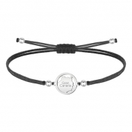 Pulsera polister encerado negro, Mapa Isla de Gran Canaria, Acero plateado