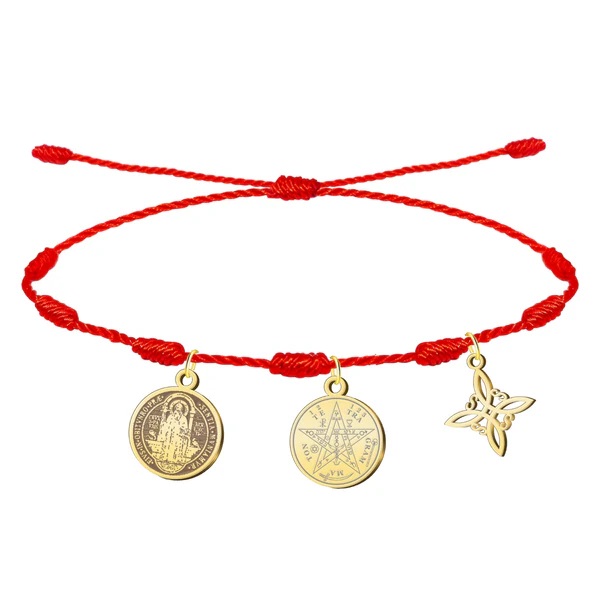 Pulsera 7 nudos con Nudo de Bruja, Tetragramatón y San Benito Dorado Acero Inoxidable