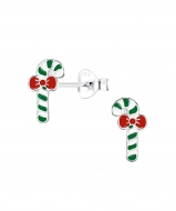 Pendientes bastn de caramelo verde con lazo rojo en Plata 925  5x10 mm