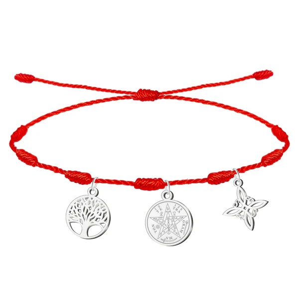 Pulsera 7 nudos con Nudo de Bruja, Tetragramatón y Árbol de la Vida Plateado Acero Inoxidable