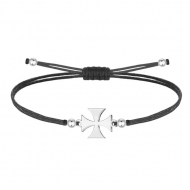 Pulsera polister encerado negro con Cruz de San Jorge, Acero Plateado