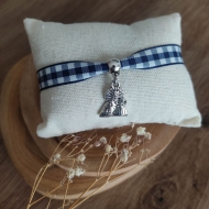 Pulsera Virgen de los Desamparados con cinta de cuadros Azul y Blanco