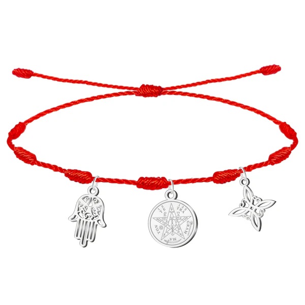 Pulsera 7 nudos con Nudo de Bruja, Tetragramatón y Mano Fátima Plateado Acero Inoxidable