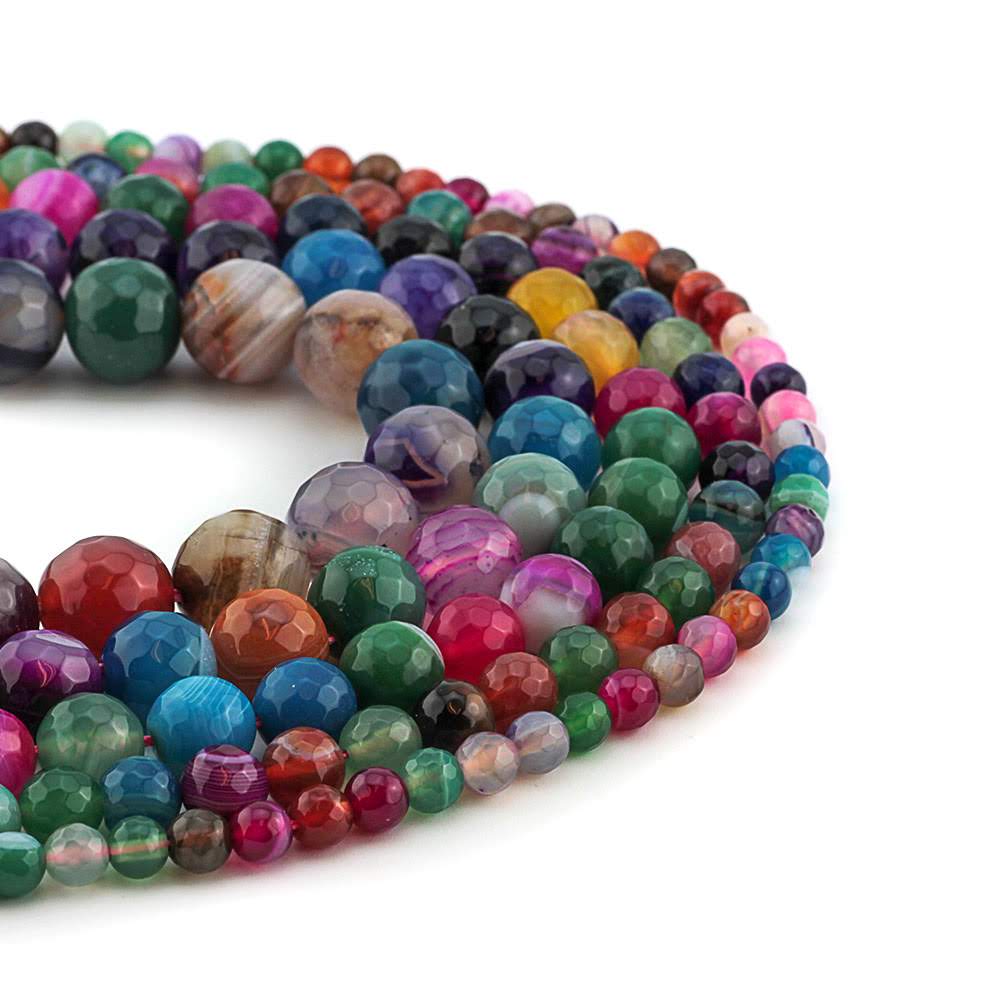 Tira de bolas facetadas de piedra Ágata bandeada multicolor - Tamaño a elegir