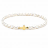 Pulsera el�stica perlas y Cruz, Acero Dorado