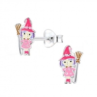 Pendientes brujita con escoba esmaltada en Plata 925  7x10 mm