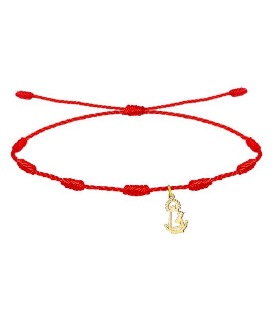 Pulsera de los 7 nudos roja con colgante silueta Virgen de la Almudena, Acero Dorado