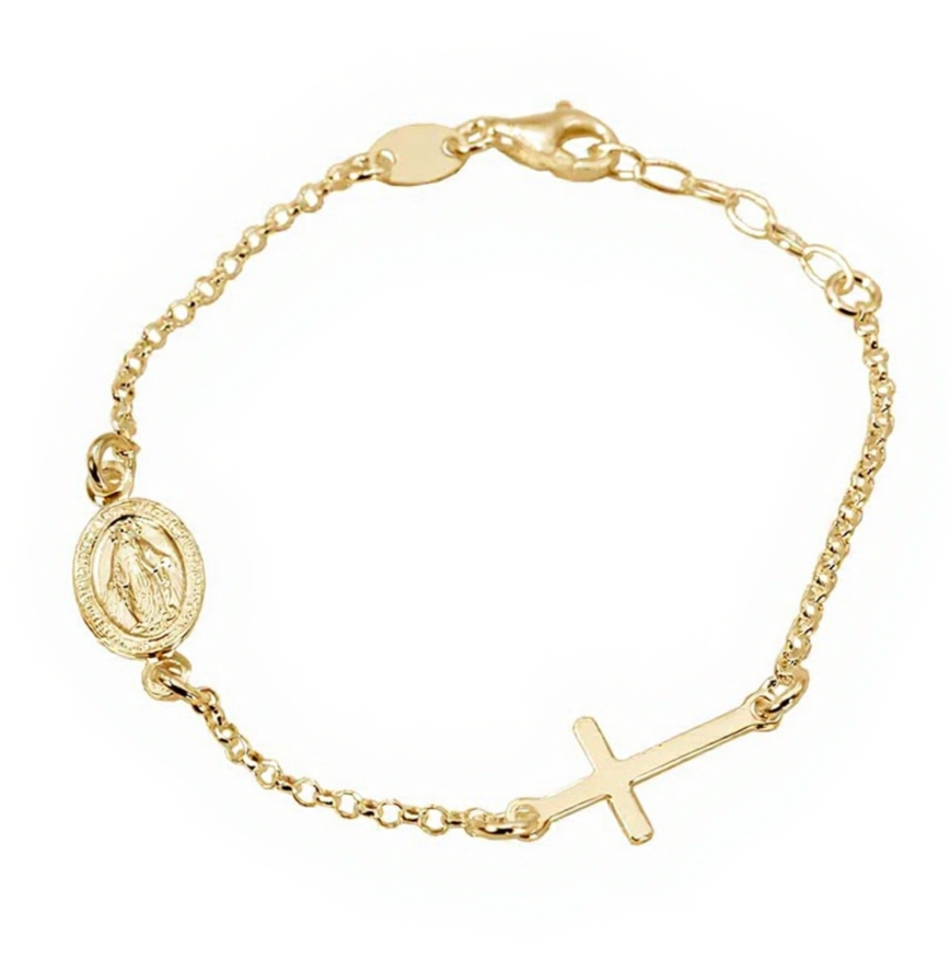 Pulsera infantil con Virgen Milagrosa y cruz en Plata 925 chapado en Oro 0.5 micras