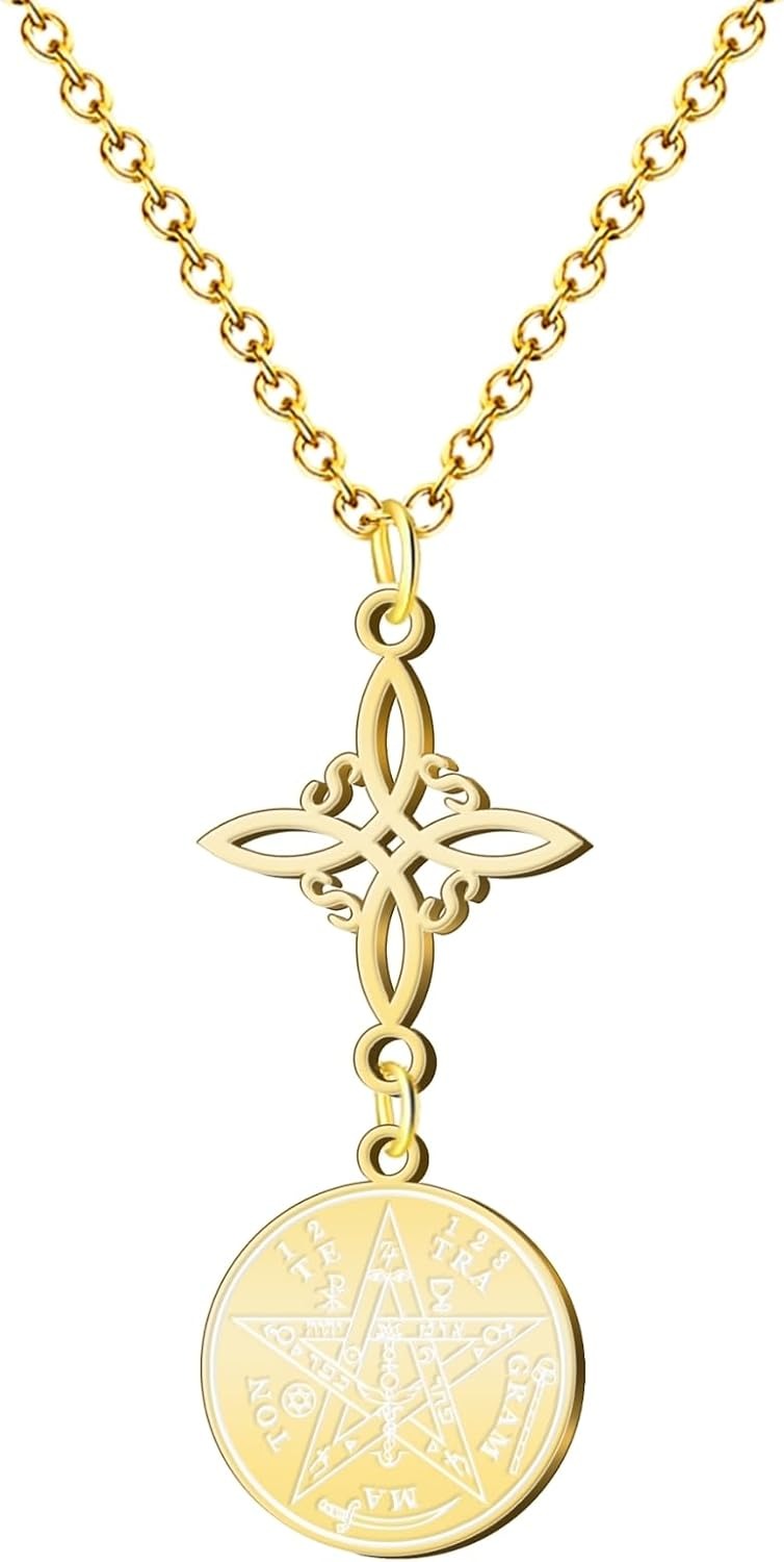 Collar Tetragramatón con Nudo de Bruja y Medalla de San Benito Acero dorado 16x16mm