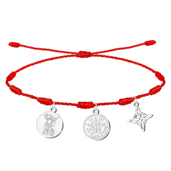 Pulsera 7 nudos con Nudo de Bruja y Tetragramatón, y San Miguel Arcángel Plateado Acero Inoxidable