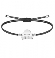 Pulsera Polister encerado negro con Peineta, Acero Plateado