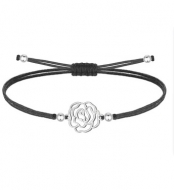 Pulsera polister encerado negro con flor de clavel, Acero Plateado