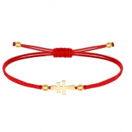 Pulsera polister nylon rojo y Cruz Caravaca, Acero Dorado