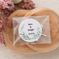 Embolsado individual celof�n + Pegatina redonda con texto personalizado con flores acuarela de 5cm