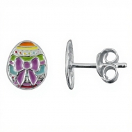 Pendientes huevo de Pascua con lazo rosa en Plata 925  7x8 mm
