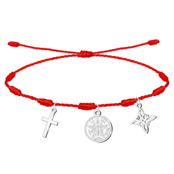 Pulsera 7 nudos con Nudo de Bruja, Tetragramatón y Cruz Latina Plateado Acero Inoxidable