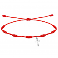 Pulsera 7 nudos roja y colgante Cruz latina, Acero plateado