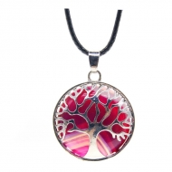 Collar con colgante rbol de la vida piedra gata bandeada fucsia