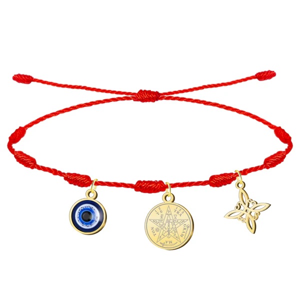 Pulsera 7 nudos con Nudo de Bruja, Tetragramatón y Ojo Turco Dorado Acero Inoxidable